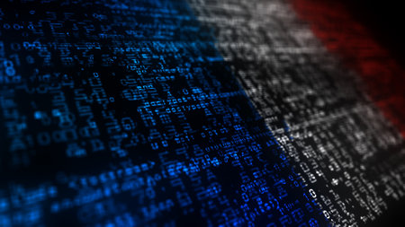 France digital technology flag cyber background. French banner cyberattack and espionage concept illustration.の写真素材