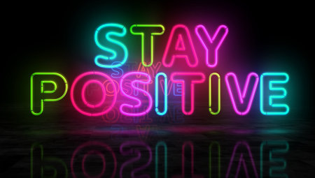 Stay positive motivation slogan neon symbol. Humor and happy mood light color bulbs. Abstract concept 3d illustration.の写真素材
