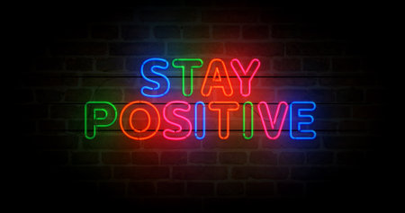 Stay positive motivation slogan neon symbol. Humor and happy mood light color bulbs. Abstract concept 3d illustration.の写真素材