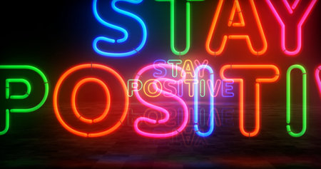 Stay positive motivation slogan neon symbol. Humor and happy mood light color bulbs. Abstract concept 3d illustration.の写真素材