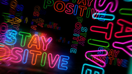 Stay positive motivation slogan neon symbol. Humor and happy mood light color bulbs. Abstract concept 3d illustration.の写真素材