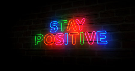 Stay positive motivation slogan neon symbol. Humor and happy mood light color bulbs. Abstract concept 3d illustration.の写真素材
