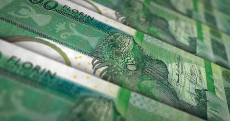 Aruban florin money printing 3d illustration. 100 AWG banknote print. Concept of finance, cash, economy crisis, business success, recession, bank, tax and debt in Aruba.の写真素材