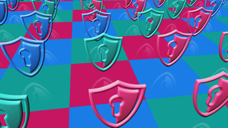 Shield cyber security computer system protection multiply symbol pattern. Abstract concept 3d mosaic icons illustration.の写真素材