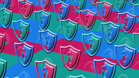 Shield cyber security computer system protection multiply symbol pattern. Abstract concept 3d mosaic icons illustration.の写真素材