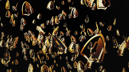 Golden metal shield icons floating on a black background, creating an abstract 3d illustration.の写真素材
