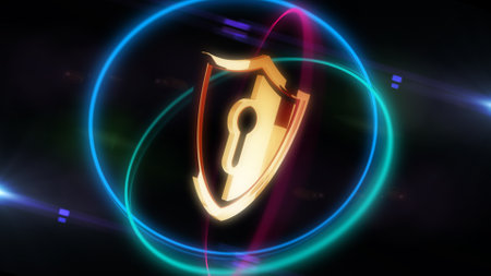 Shield cyber security computer system protection golden metal symbol. Abstract concept 3d icon illustration.の写真素材
