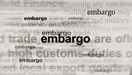 Embargo economy and business trade sanctions headline news across international media. Abstract concept of news titles on noise displays. TV glitch effect 3d illustration.の写真素材