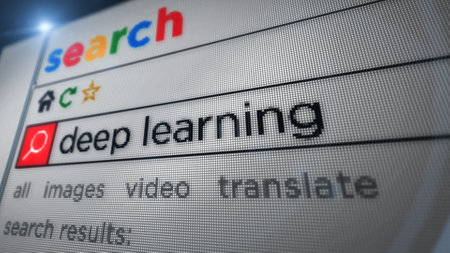 Deep learning artificial intelligence and machine learn text typing on browser screen. Searching internet with monitor pixel display macro view.の写真素材