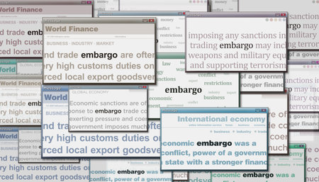Embargo economy and business trade sanctions headline news across international media. Abstract concept of news titles on noise displays. TV glitch effect 3d illustration.の写真素材