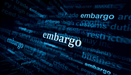 Embargo economy and business trade sanctions headline news across international media. Abstract concept of news titles on noise displays. TV glitch effect 3d illustration.の写真素材