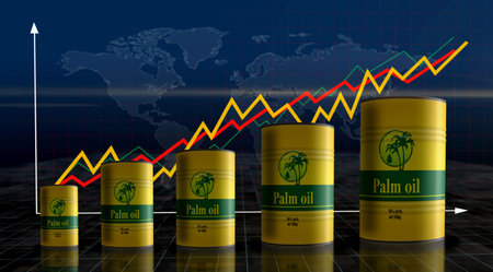 Palm oil barrels in row concept. Food fat industrial containers 3d illustration.の写真素材