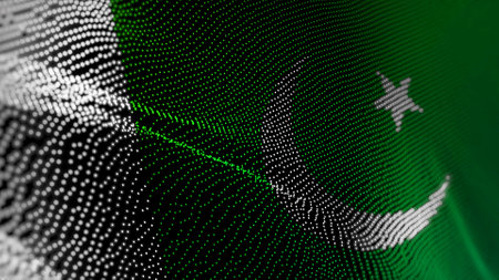 Pakistan digital technology flag cyber background. Pakistani banner cyberattack and espionage concept illustration.の写真素材