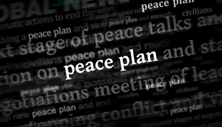 Peace plan and negotiations for end the war headline news across international media. Abstract concept of news titles on noise displays. TV glitch effect 3d illustration.の写真素材