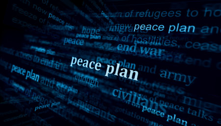 Peace plan and negotiations for end the war headline news across international media. Abstract concept of news titles on noise displays. TV glitch effect 3d illustration.の写真素材