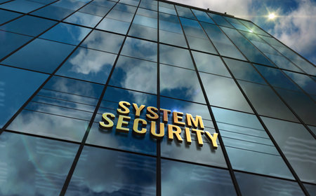 Security glass building concept. Cyber security network protection symbol on front facade 3d illustration.の写真素材