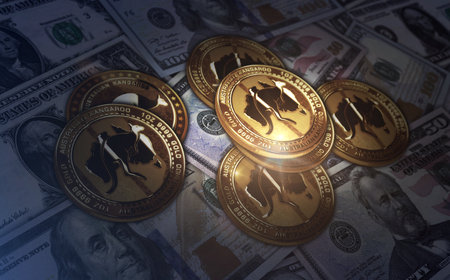 Kangaroo Australia bullion golden coin over Dollar banknotes. Online payment and crypto money transaction abstract concept 3d illustration.の写真素材