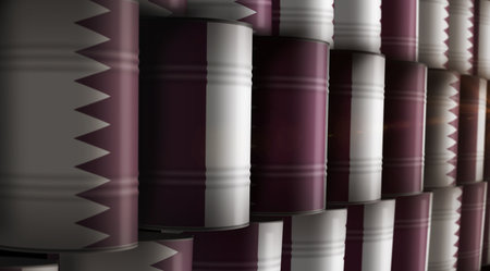 Qatar oil crude petroleum fuel barrels in row concept. Qatari petrol business and fuel extraction industrial containers 3d illustration.の写真素材