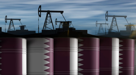 Qatar oil crude petroleum fuel barrels in row concept. Qatari petrol business and fuel extraction industrial containers 3d illustration.の写真素材