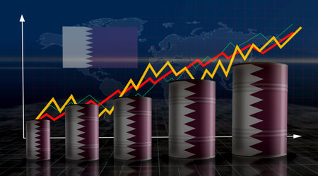Qatar oil crude petroleum fuel barrels in row concept. Qatari petrol business and fuel extraction industrial containers 3d illustration.の写真素材