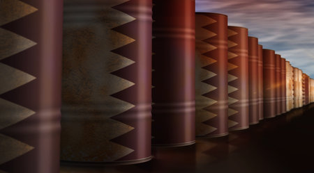Qatar oil crude petroleum fuel barrels in row concept. Qatari petrol business and fuel extraction industrial containers 3d illustration.の写真素材