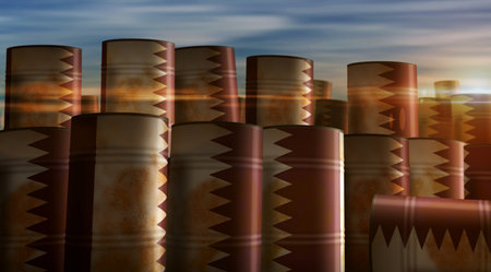 Qatar oil crude petroleum fuel barrels in row concept. Qatari petrol business and fuel extraction industrial containers 3d illustration.の写真素材
