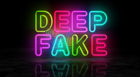 Deep fake artificial intelligence neon symbol. Manipulation of digital technology light color bulbs. Abstract concept 3d illustration.の写真素材