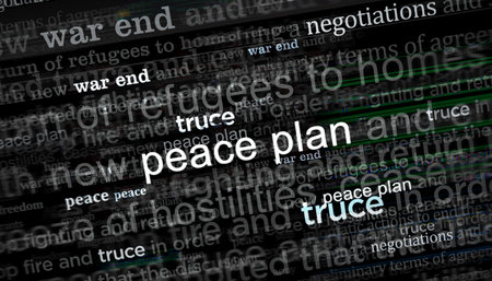 Peace plan and war end negotiations. Headline news titles international media abstract concept 3d illustration.の写真素材