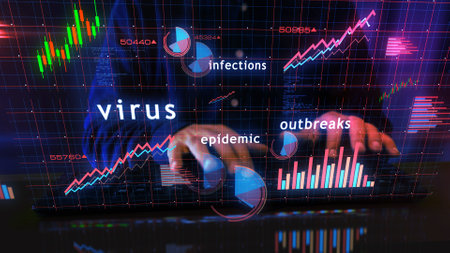 Virus pandemic crisis charts and graphs diagram with man typing computer keyboard. Digital analysis and report on 3d screen display illustration.の写真素材