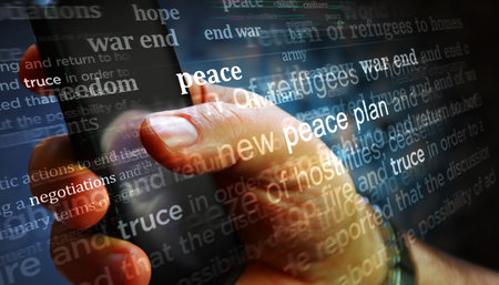 Peace plan and war end negotiations. Headline news titles international media abstract concept 3d illustration.の写真素材