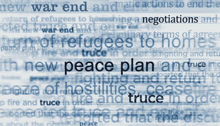Peace plan and war end negotiations. Headline news titles international media abstract concept 3d illustration.の写真素材