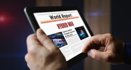 Hybrid war digital attack and cyber warfare daily newspaper reading on mobile tablet computer screen. Man touch screen with headlines news abstract concept 3d illustration.の写真素材
