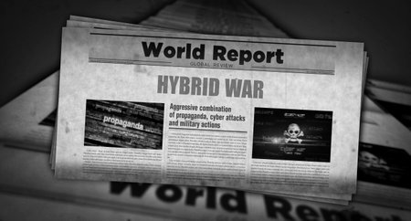 Hybrid war digital attack and cyber warfare vintage news and newspaper printing. Abstract concept retro headlines 3d illustration.の写真素材