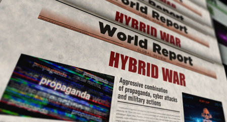 Hybrid war digital attack and cyber warfare vintage news and newspaper printing. Abstract concept retro headlines 3d illustration.の写真素材