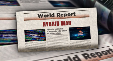 Hybrid war digital attack and cyber warfare vintage news and newspaper printing. Abstract concept retro headlines 3d illustration.の写真素材