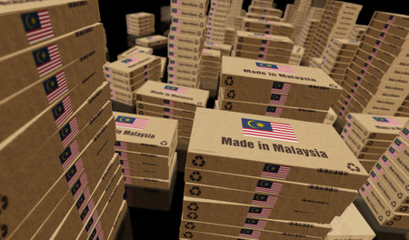 Made in Malaysia box production line. Malaysian, flag manufacturing and delivery. Product factory, import and export. Abstract concept 3d illustration.の写真素材