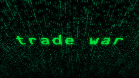 Trade war tariffs and protectionism text typing on display screen. Searching with retro monitor pixel with glitch and noiseの写真素材
