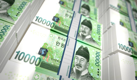 South Korea money South Korean won money pack 3d illustration. 10000 KRW banknote bundle stacks. Concept of finance, cash, economy crisis, business success, recession, bank, tax and debt.の写真素材