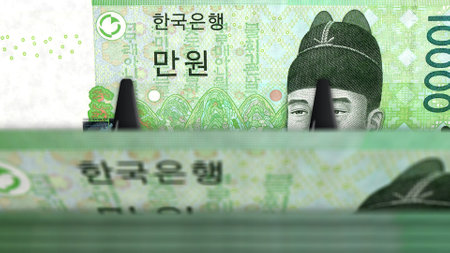 South Korea money South Korean won money pack 3d illustration. 10000 KRW banknote bundle stacks. Concept of finance, cash, economy crisis, business success, recession, bank, tax and debt.の写真素材