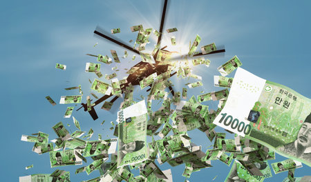 South Korea won banknotes helicopter money dropping. South Korean KRW 10000 notes abstract 3d concept of inflation, money printing, economy, crisis and quantitative easing illustration.の写真素材