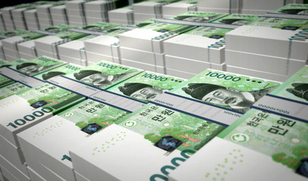 South Korea money South Korean won money pack 3d illustration. 10000 KRW banknote bundle stacks. Concept of finance, cash, economy crisis, business success, recession, bank, tax and debt.の写真素材
