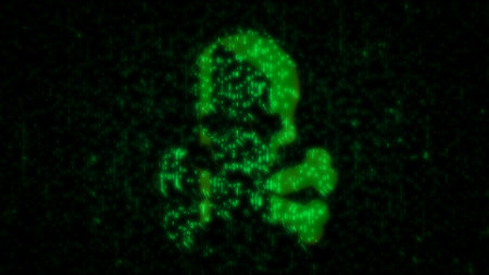 Skull cyber pirates and hacking cyberattack symbol matrix style. Abstract concept 3d digital icon illustration.の写真素材