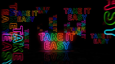 Take it easy positive motivation slogan neon symbol. Don't worry happy mood light color bulbs. Abstract concept 3d illustration.の写真素材