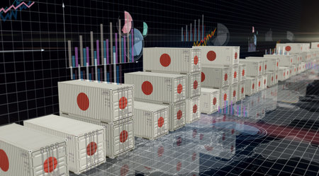 Japan export production and import cargo containers on charts and diagrams business concept. Japanese flag industrial shipping box 3d illustration.の写真素材