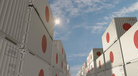 Japan export production and import cargo containers in row business concept. Japanese flag industrial shipping box 3d illustration.の写真素材