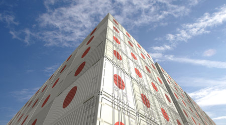 Japan export production and import cargo containers in row business concept. Japanese flag industrial shipping box 3d illustration.の写真素材