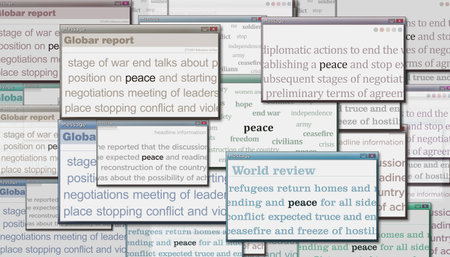 Peace stop conflict and war is end headline news across international media. Abstract concept of news titles on noise displays. TV glitch effect 3d illustration.の写真素材