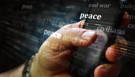 Peace stop conflict and war is end social media on display. Searching on tablet, pad, phone or smartphone screen in hand. Abstract concept of news titles 3d illustration.の写真素材