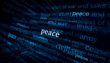 Peace stop conflict and war is end headline news across international media. Abstract concept of news titles on noise displays. TV glitch effect 3d illustration.の写真素材