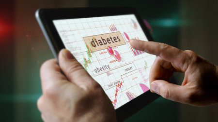 Civilization diseases and health service crisis charts and graphs diagram on touchscreen pad display. Finger touch tablet screen in hand. Digital analysis and report illustration.の写真素材
